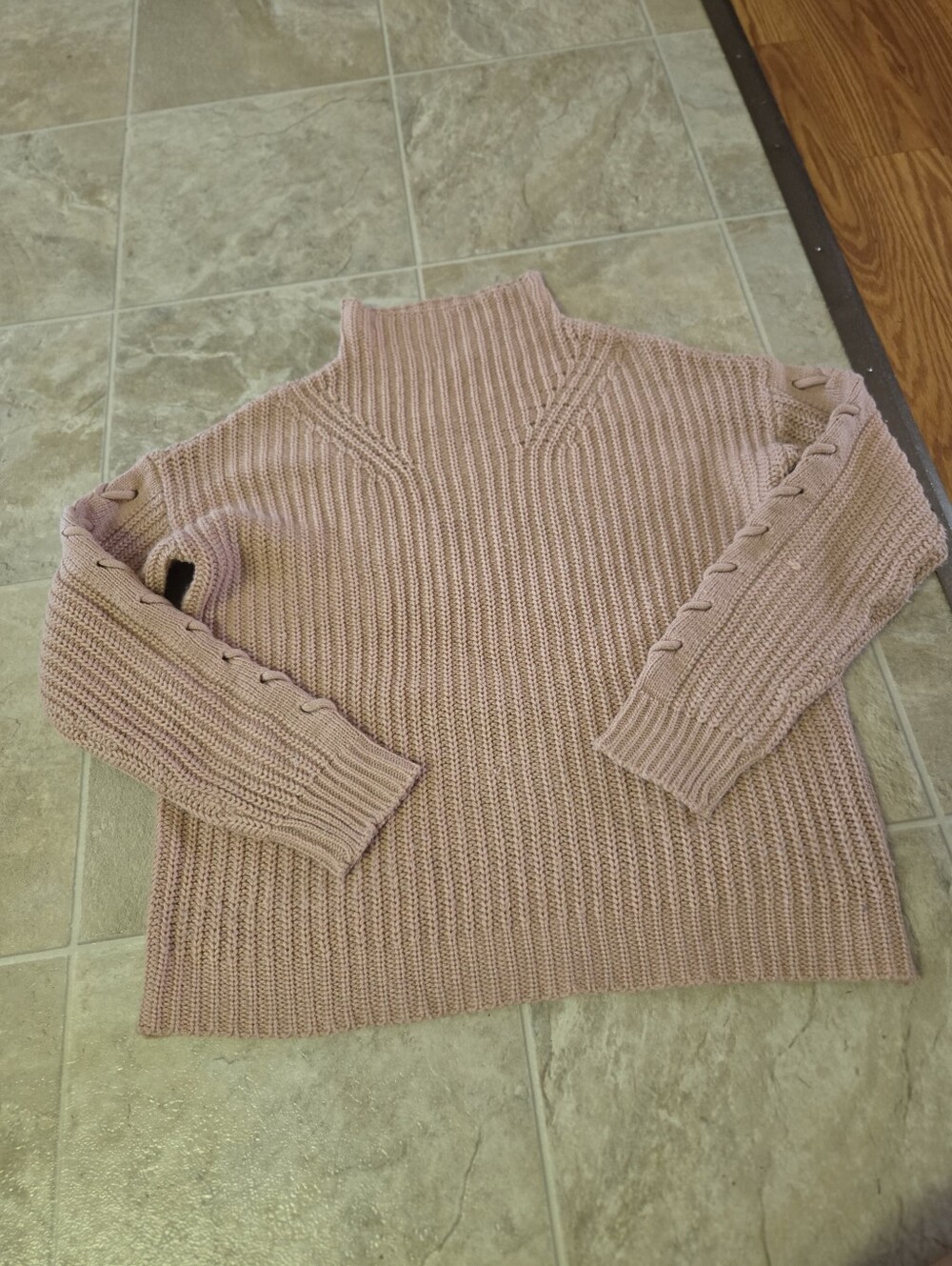 Vero Moda Dusty Pink Chunky Ribbed Turtleneck Sweater with Sleeve Lace-Up